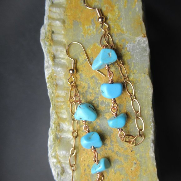 Turquoise Rain Chain Earrings, Sky Blue Turquoise on Copper - Picture 3 of 5